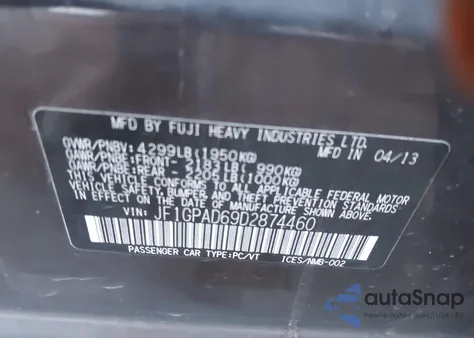 2013 Subaru Impreza 2.0I Premium z USA, uszkodzony, nr VIN JF1GPAD69D2874460